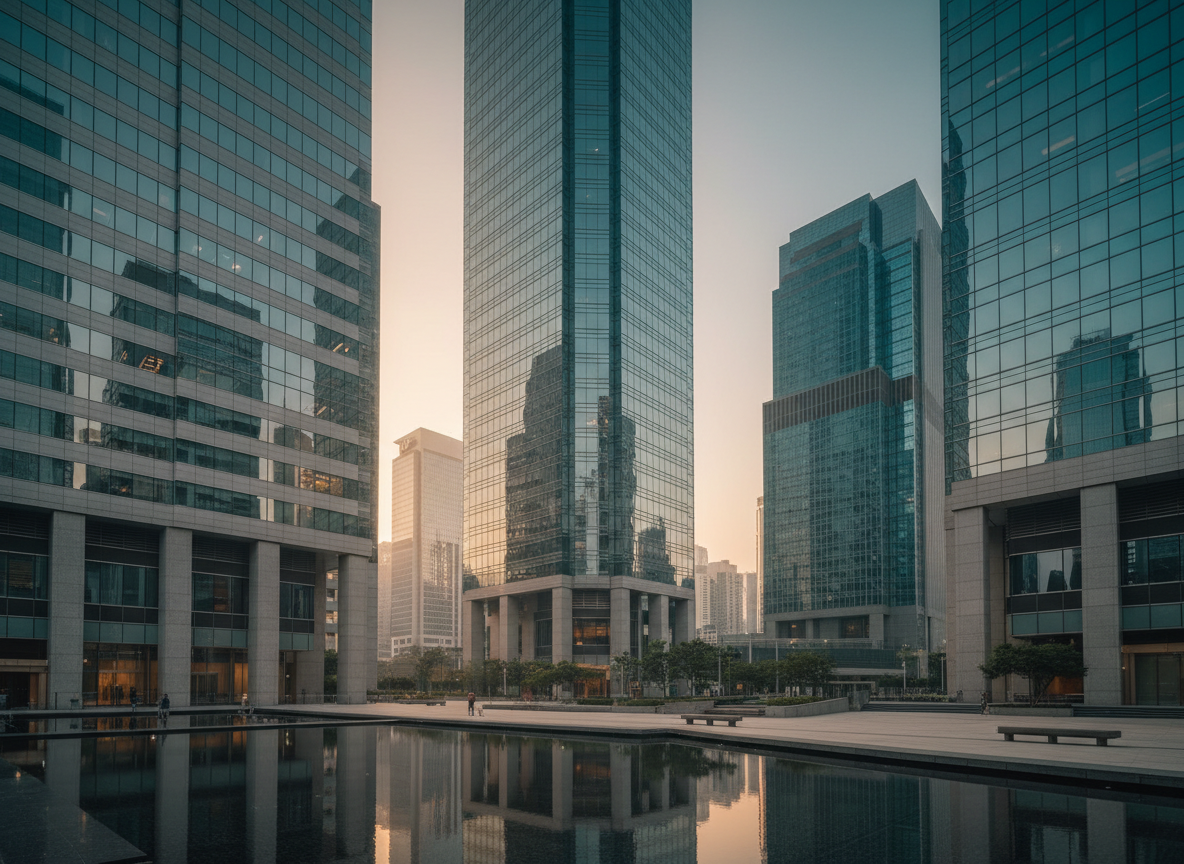 A photorealistic editorial photograph for a premium institutional capital firm homepage: contemporary glass-and-stone financial district architecture in Hong Kong at early morning, elegant geometric lines, subtle warm sunlight, sophisticated teal and neutral tones, no visible logos, no readable text, calm professional mood.