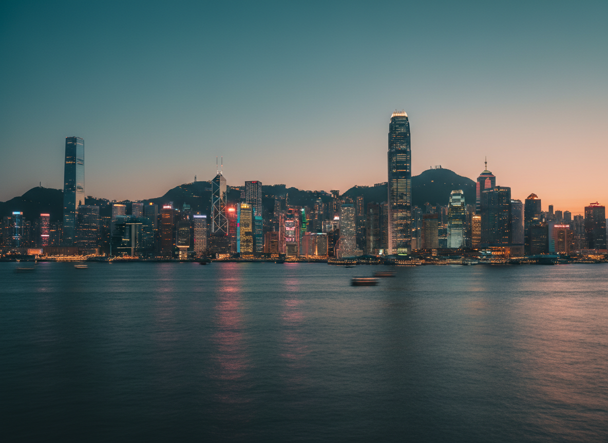 A photorealistic editorial photograph for a premium institutional capital firm homepage: elegant Hong Kong harbour skyline and modern financial towers at blue hour, realistic natural atmosphere, subtle teal and warm neutral tones, sophisticated wide composition, no visible logos, no readable text.