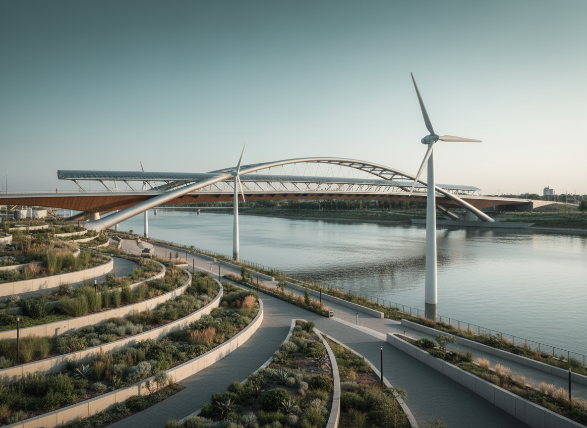 A photorealistic editorial photograph for a premium institutional capital firm homepage: modern sustainable infrastructure project with a sleek bridge, landscaped waterfront and subtle renewable-energy elements in soft daylight, realistic high-end corporate photography, elegant teal and neutral palette, no logos, no readable text.